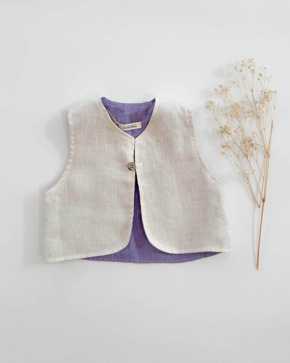 Sofortkauf: Leinen Weste in Wollweiß & Lavendel, Gr. 62/68